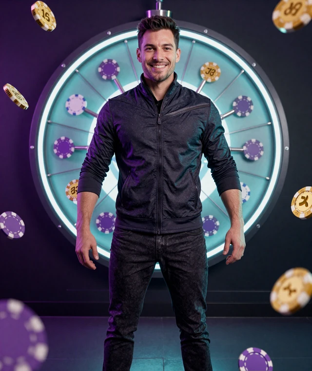 Selbstbewusstes Model zwischen leuchtenden Neon-Chips und M&uuml;nzen als Symbol f&uuml;r casino bonus ohne einzahlung bei GambleZen