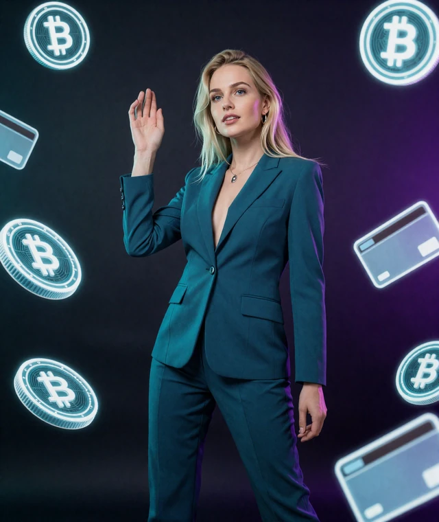 Selbstbewusstes Model mit leuchtenden Krypto-M&uuml;nzen als Symbol f&uuml;r ein casino mit schneller Auszahlung bei GambleZen